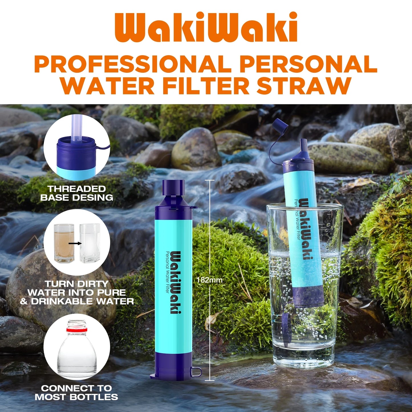 Personal Water Filter Straw, Portable Water Purifier Survival Gear for Hiking Camping Travel, Blue, 1 Pack