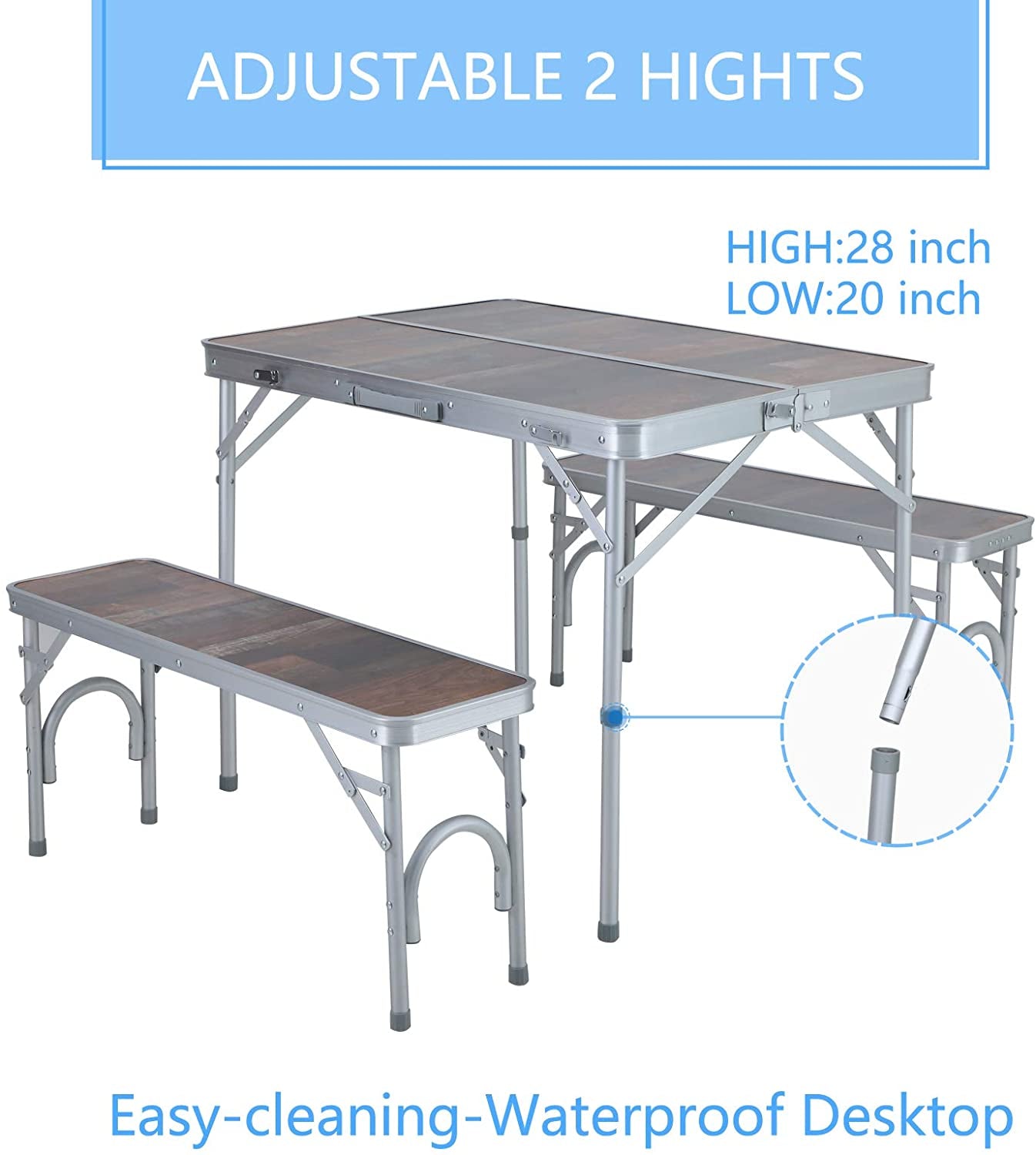 3PCS Folding Camping Table and Benches Set 4FT Aluminum Camping Table Portable Picnic Dining Table Lightweight Folding Card Table W/Handle for Indoor Outdoor Patio Backyard Party