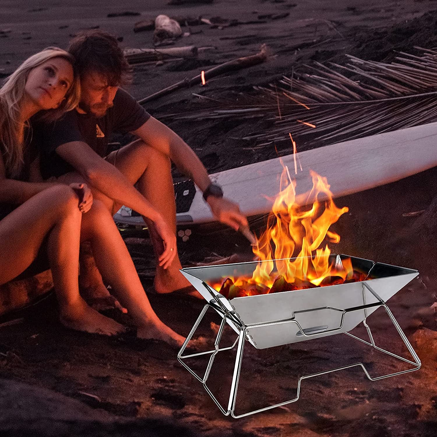 Folding Campfire Grill, Camping Fire Pit, Outdoor Wood Stove Burner, Folding Compact 304 Premium Stainless Steel, Portable Camping Grill with Carrying Bag for outside Picnic Home BBQ