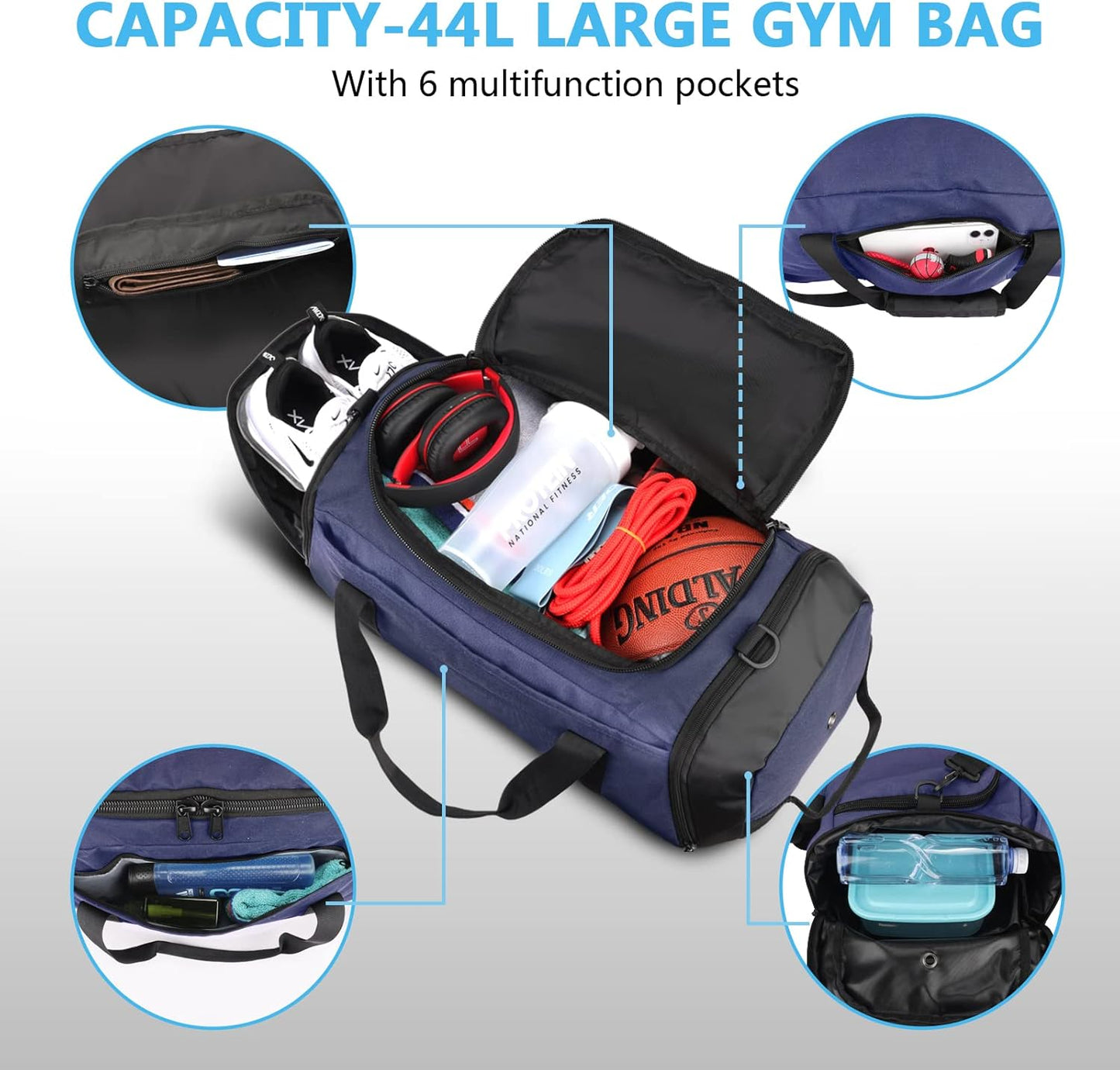 Sports Gym Bag, Travel Duffel Bag with Wet Pocket & Shoes Compartment for Men and Women, Water Risistant Sports Gym Duffel (Medium, Blue)