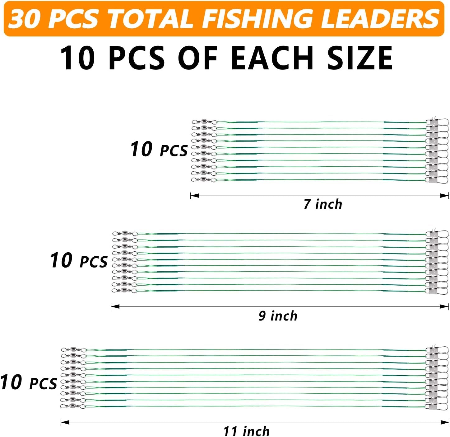 30Pcs Fishing Leaders，Fishing Leader Saltwater Stainless Steel with Swivels Snap Kits Connect Tackle Lures Rig or Hooks, Fishing Leader Line for Fishing Rigs Saltwater and Freshwater, 3Size