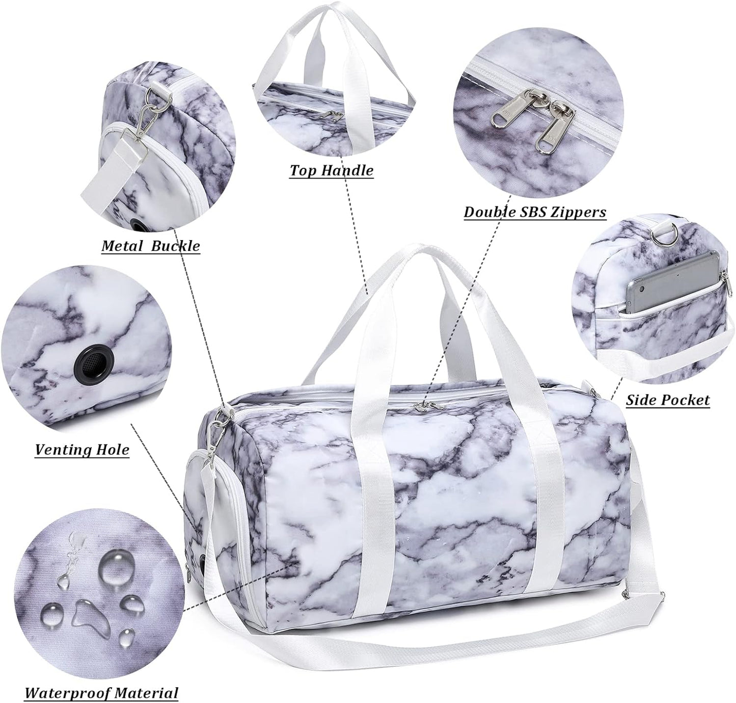 Sports Gym Duffle Travel Bag for Men Women with Shoe Compartment Wet Pocket (Marble-White)