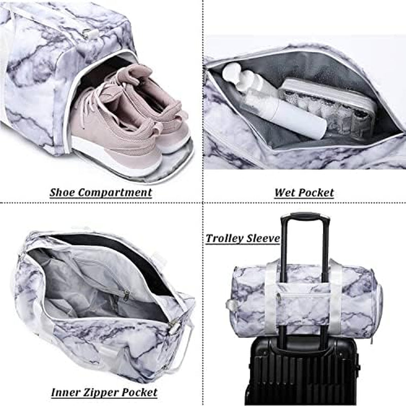 Sports Gym Duffle Travel Bag for Men Women with Shoe Compartment Wet Pocket (Marble-White)