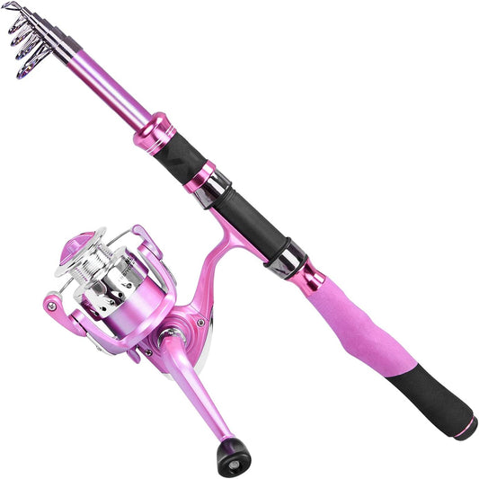 Ladies Telescopic Fishing Rod and Reel Combos,Spinning Fishing Pole Pink Designed for Ladies Fishing Girls Fishing Pole