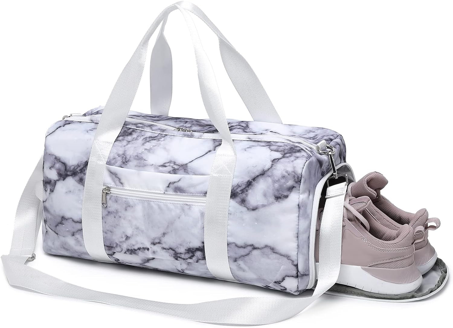 Sports Gym Duffle Travel Bag for Men Women with Shoe Compartment Wet Pocket (Marble-White)