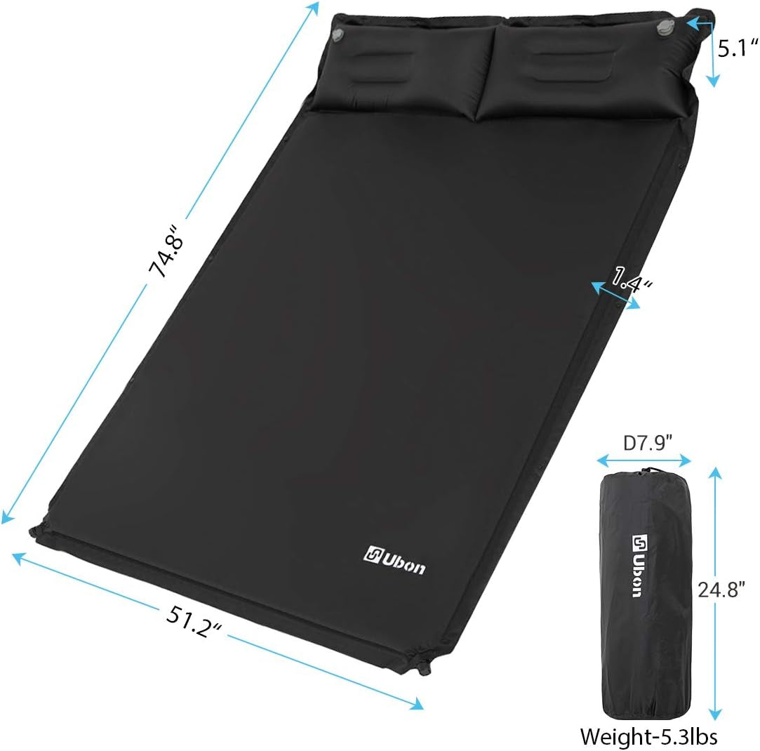 Double Camping Sleeping Pad Self Inflating Camping Mattress with Pillows 2 Person Camping Bed for Backpacking Black