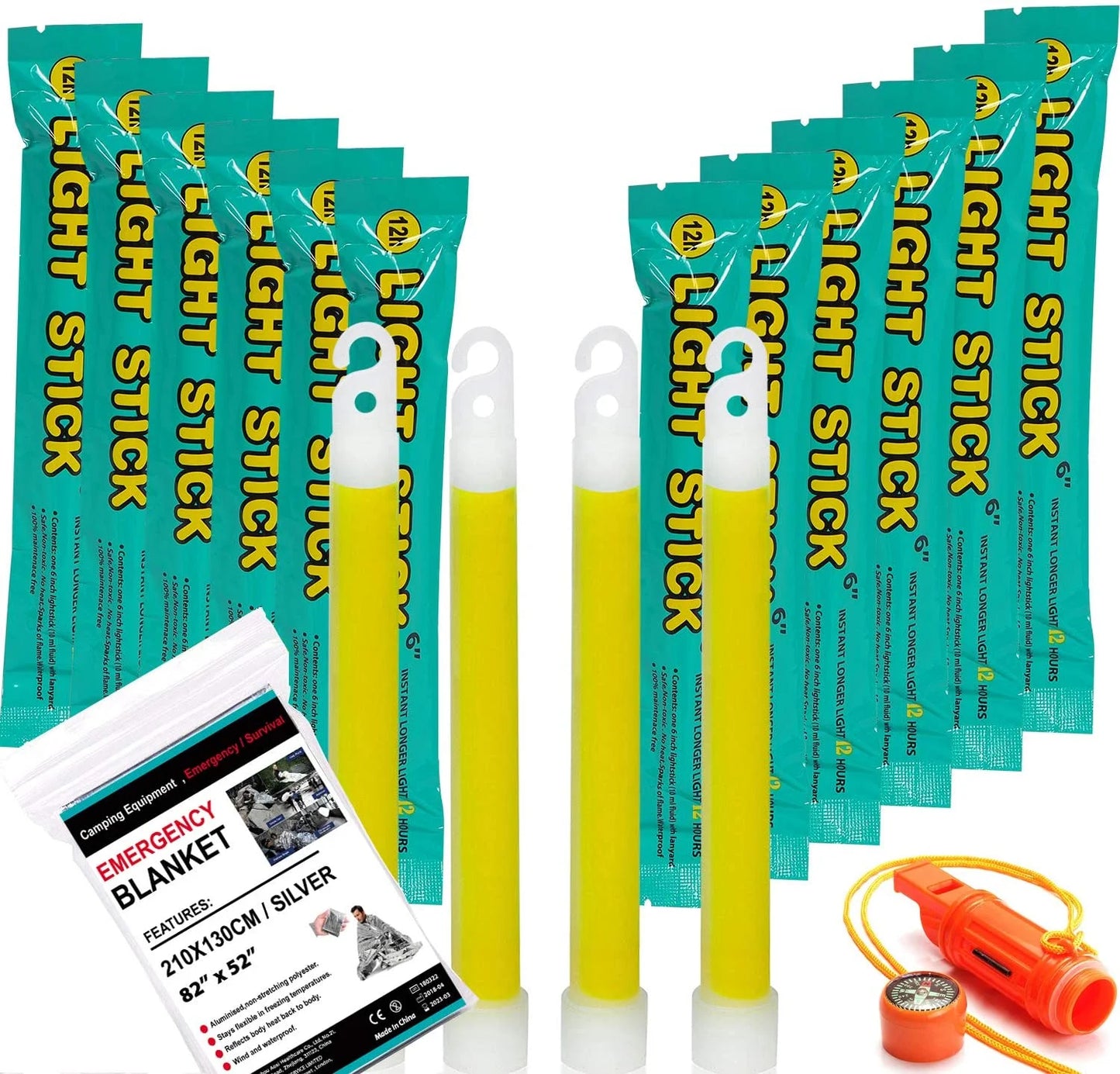 Glow Sticks Emergency Light with Emergency Blanket, Yellow, 12 Count