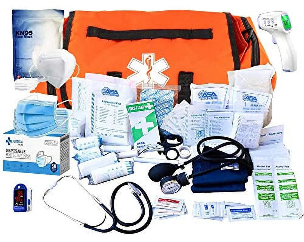 - Stocked Large EMT First Aid Trauma Bag W/Emergency Medical Supplies - 50Pc 3Ply and 10Pc 5Ply Face Mask - Ideal for First Responders, Police, Firefighter and Survival Kits for Emergency