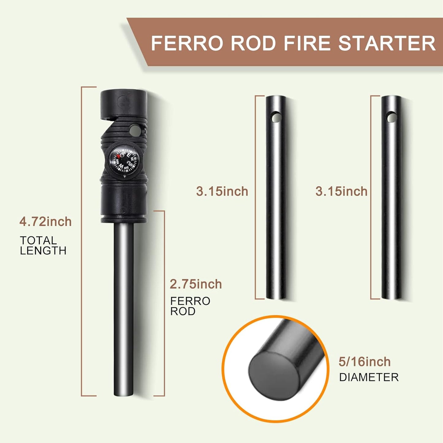 Fire Starter Survival Tool, Ferro Rod Kit with with Compass, Paracord and Whistle, Flint and Steel Survival Igniter with Tinder Rope and Tab for Camping, Hiking and Emergency